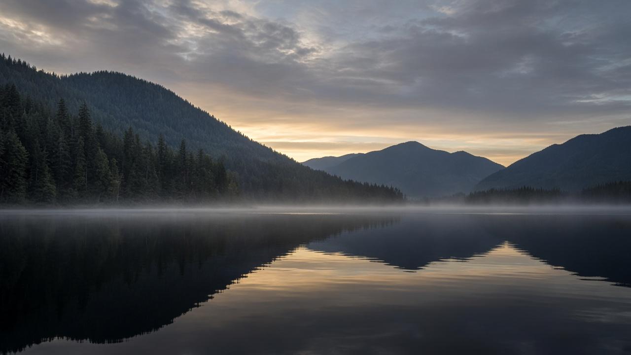 Dawn mist over a still mountain lake